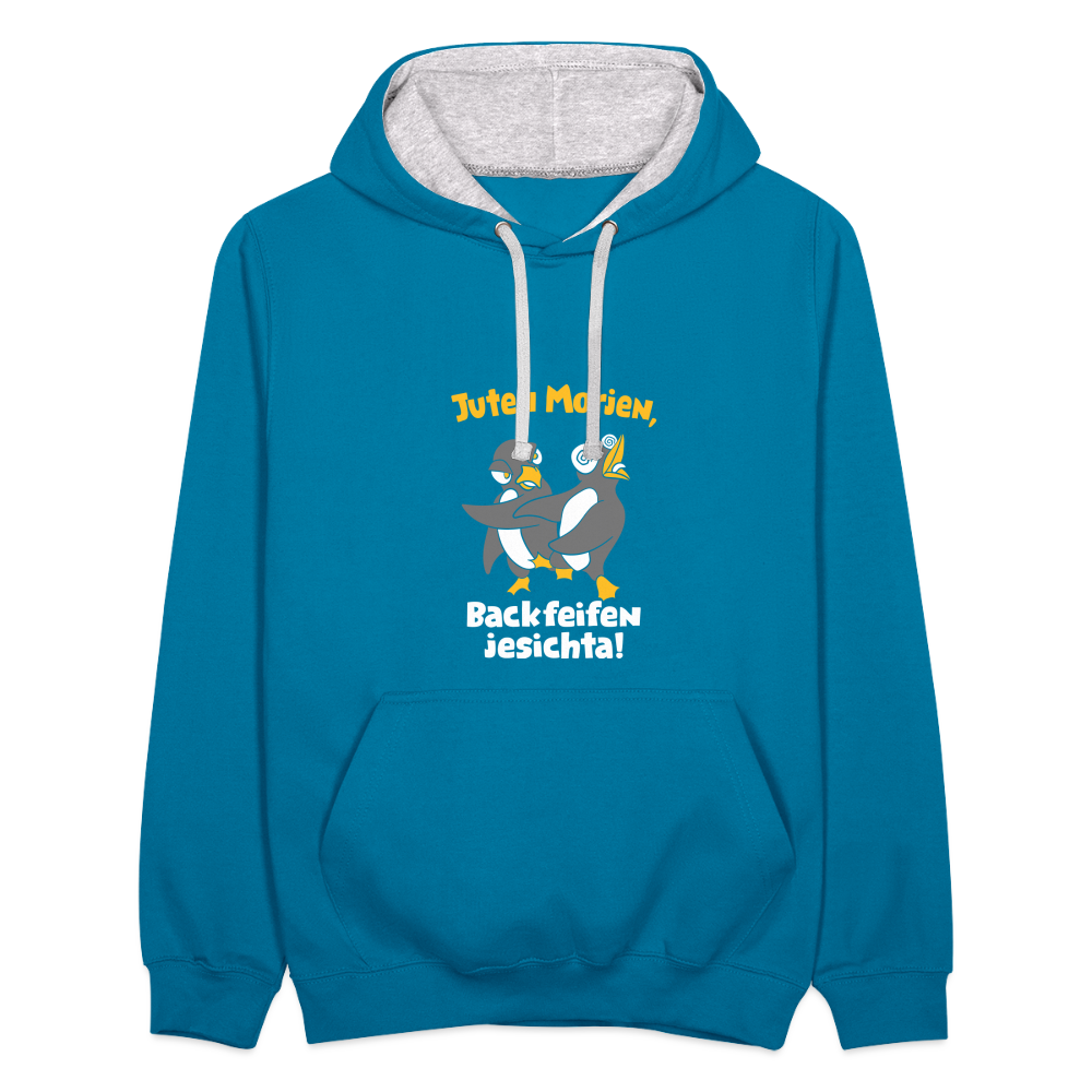 Juten Morjen, Backfeifenjesichta! - Kontrast Hoodie - Pfauenblau/Grau meliert