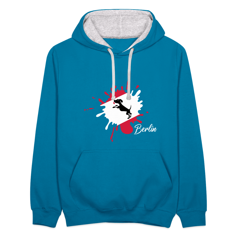 Berlin Klecks Hund - Kontrast Hoodie - Pfauenblau/Grau meliert