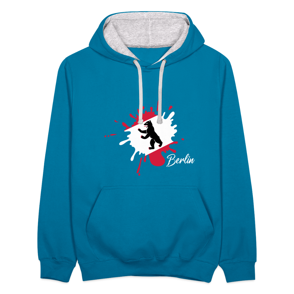Berlin Klecks Bär - Kontrast Hoodie - Pfauenblau/Grau meliert