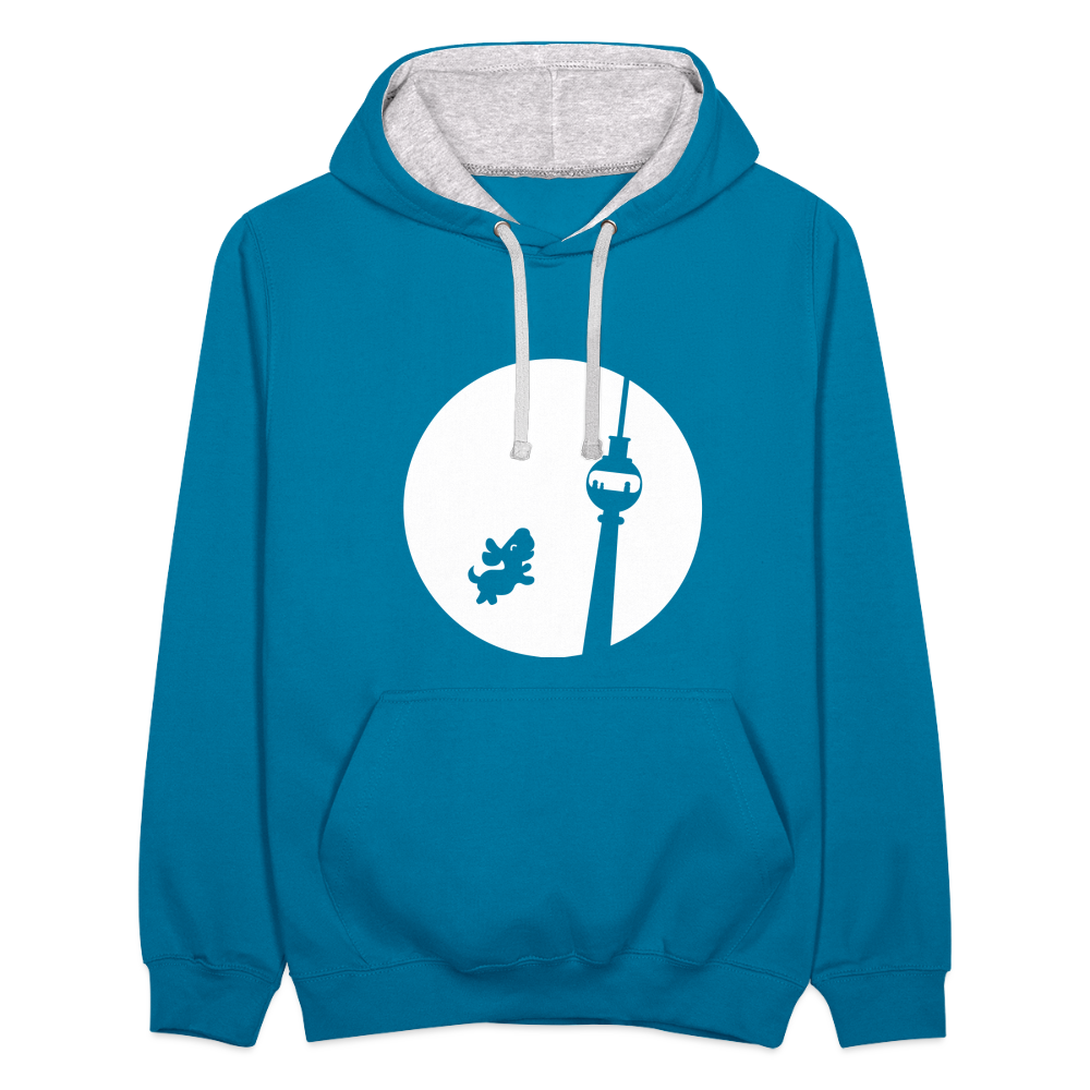 Hund am Fernsehturm - Kontrast Hoodie - Pfauenblau/Grau meliert