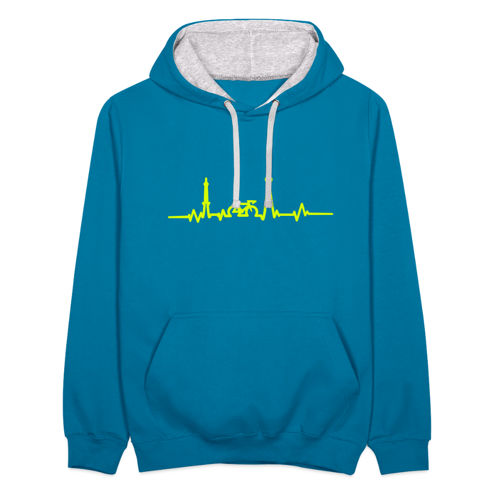 Herzschlag für Fahrradfahrer - Kontrast Hoodie - Pfauenblau/Grau meliert