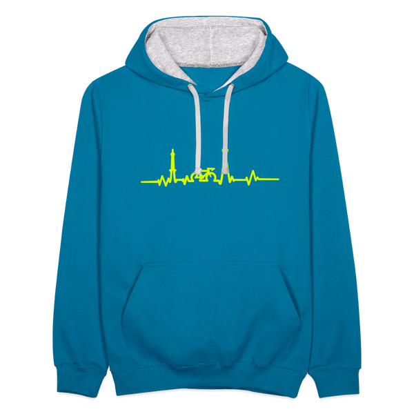 Herzschlag für Fahrradfahrer - Kontrast Hoodie - Pfauenblau/Grau meliert